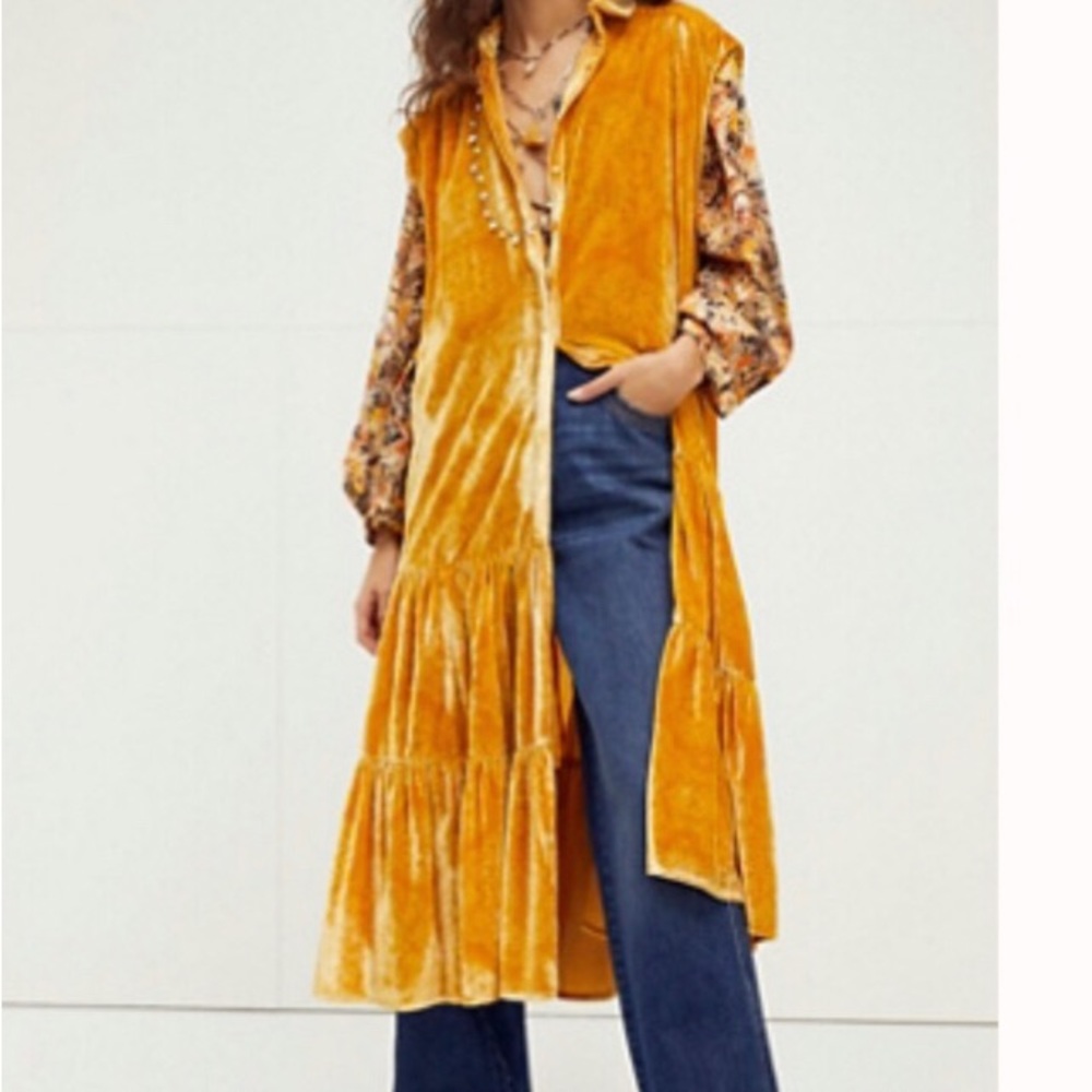FREE PEOPLE Gold On My Mind Velvet Maxi Dress Top Duster Size Medium